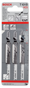 Förpackning med tre Bosch T101B HCS sågblad för trä, med specifikationer och märken tryckta på förpackningen.