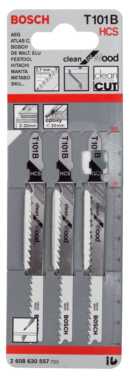 Förpackning med tre Bosch T101B HCS sågblad för trä, med specifikationer och märken tryckta på förpackningen.