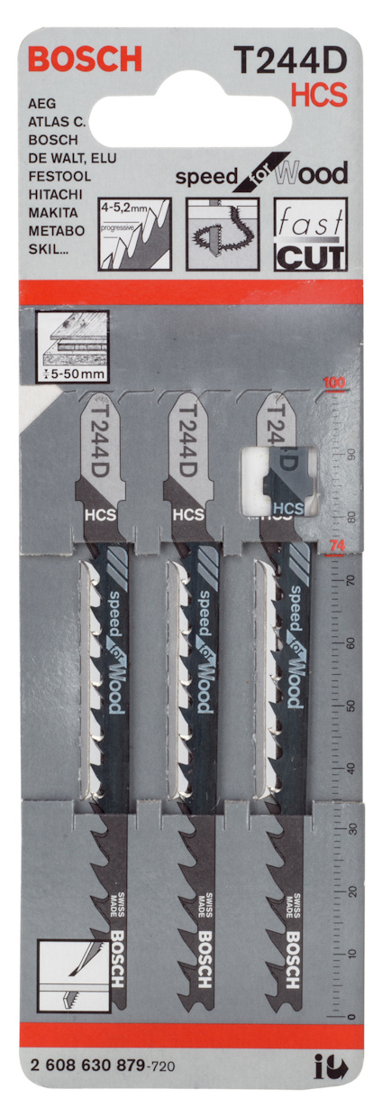 Förpackning med tre Bosch T244D HCS sticksågblad för trä, märkta med "Speed for Wood", "Fast Cut".