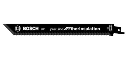 Svart tigersågblad med vit text "BOSCH precision FiberInsulation" och tandad kant.