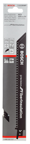 Svart Bosch sågklinga med märkning "Precision for Fiber Insulation", text och symboler för bladets specifikationer.