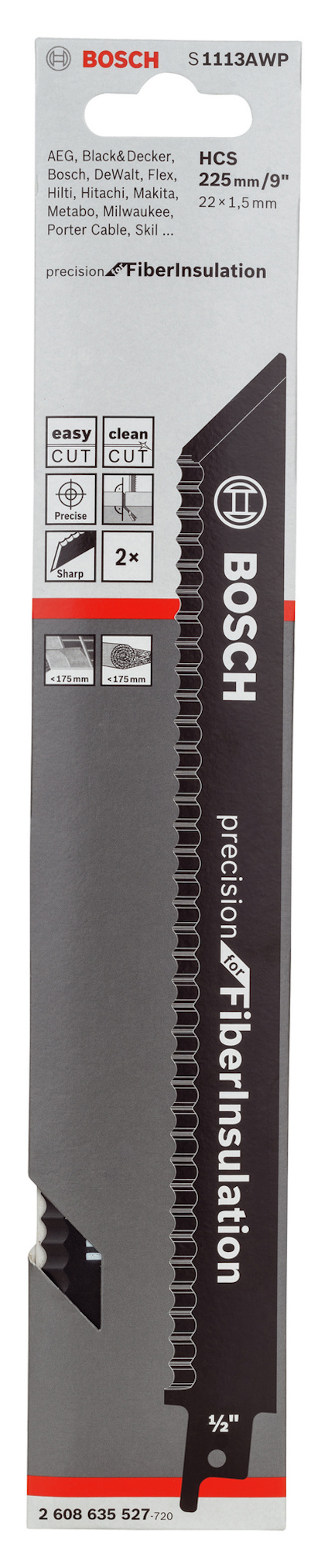 Svart Bosch sågklinga med märkning "Precision for Fiber Insulation", text och symboler för bladets specifikationer.