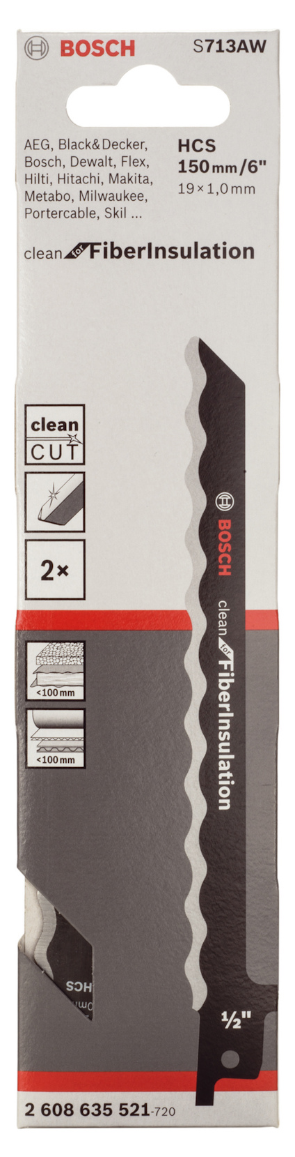 Förpackning för Bosch sticksågblad, modell S713AW, för fiberisolering, HCS, 150 mm, ren skärning, 2-pack.