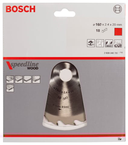 Förpackning för Bosch sågklinga Speedline Wood, storlek 160 x 2,4 x 20 mm, 18 tänder.