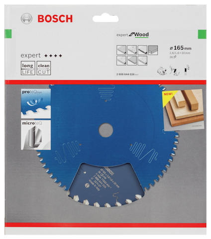 Förpackning med Bosch cirkelsågklinga; blå klinga för trä, expert-serien, 165 mm diameter, lång livslängd.