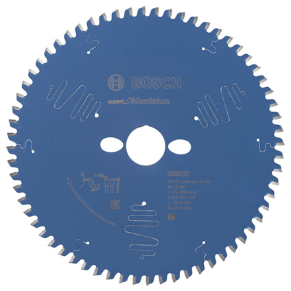 Cirkelsågklinga i blått med text och logotyp, designad för bearbetning av aluminium.