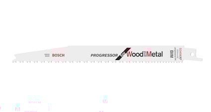 Vitt tigersågblad med texten "Bosch" och "Progressor for Wood and Metal". Tänder längs ena sidan och ett fästhål i ena änden.