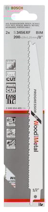 Förpackning med två BOSCH S 3456 XF sågblad för trä och metall, 200 mm.