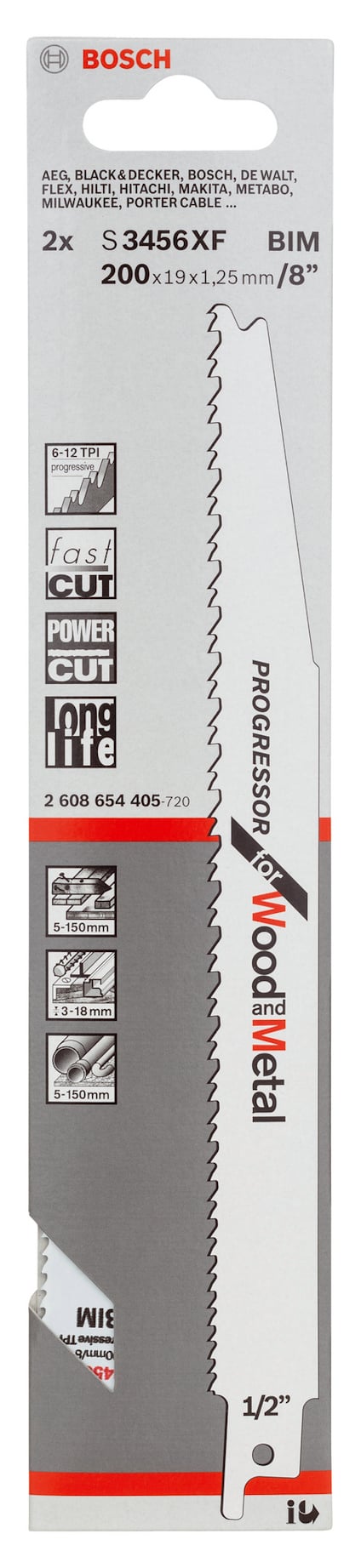 Förpackning med två BOSCH S 3456 XF sågblad för trä och metall, 200 mm.
