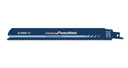 Blått tigersågblad med texten "BOSCH", "endurance", "heavyMetal", "MICRO-EDGE GEOMETRY".