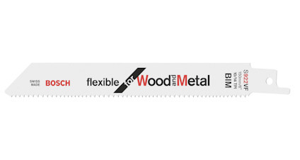 Tigersågblad med texten "Bosch", "flexible for Wood and Metal" och "S922VF" tryckt på det vita bladet.