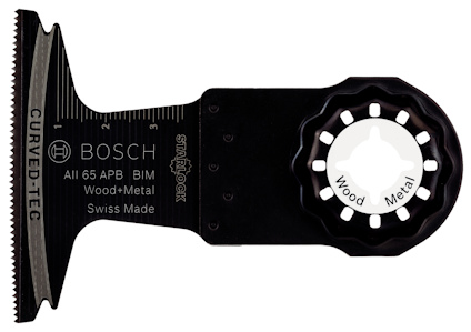 Svart sågtillbehör med tandad kant, vitt knäppe och text "Bosch AII 65 APB BIM Wood+Metal Swiss Made".