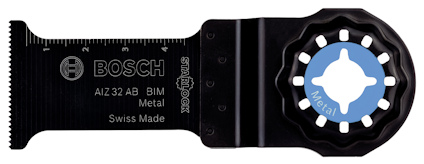 Svart sågblad med etikett "Bosch" och märkning för metall, med stjärnformad infästning.