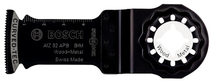 Sågblad med text "BOSCH AIZ 32 APB BIM Wood-Metal" och en mätlinjal på bladet.
