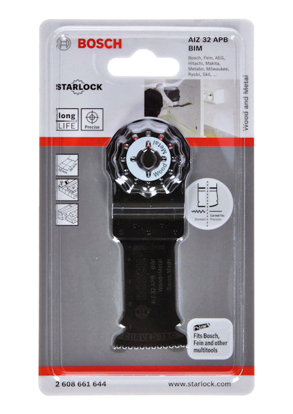 Förpackning med Bosch Starlock BIM skärblad, text inkluderar "AIz 32 APB" och "www.starlock.com".