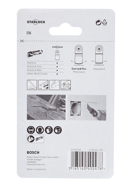 Förpackning med Starlock-logotyp och Bosch-information. Innehåller bilder och text om verktygstillbehör.