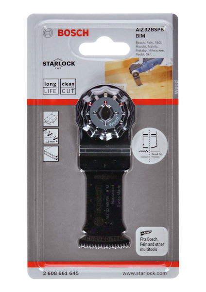 Förpackning av Bosch Starlock sågblad AIZ 32 BSPB BIM för multiverktyg, med svart blad och verktygsinformation.