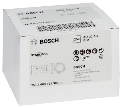 Låda med Bosch Starlock AI2 32 AB BIM, 25-pack. Information och streckkod på förpackningen. Tillverkad i Schweiz.