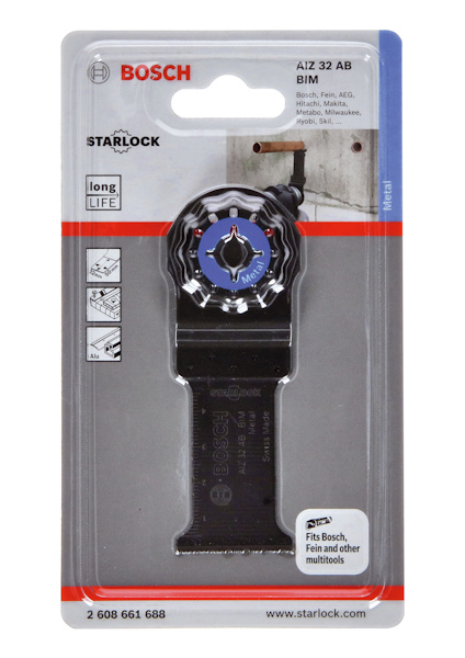 Förpackning av Bosch Starlock AIZ 32 AB BIM universalkniv. Text: "long LIFE", "2 608 661 688", "www.starlock.com".