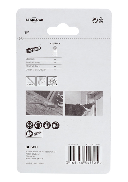 Förpackning från Bosch för Starlock, Starlock Plus och Starlock Max multiverktygstillbehör, med instruktioner och illustrationer.