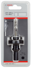 Förpackning med en Bosch HSS-G hålsågspilotborr, storlekar 32-210 mm, med detaljerad illustration och märkning.