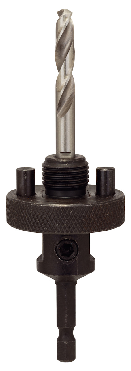 Hålsågsadapter med borr och hexagonal fäste, svart färg.