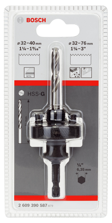 Förpackning med Bosch hålsågsaxel, storlek 32-76 mm med HSS-G borr.