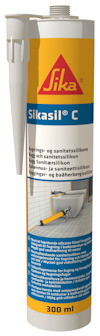 Patron med silikon, Sikasil-C, vit etikett med blå och röd text, kapacitet 300 ml.