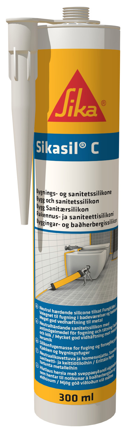 Patron med silikon, Sikasil-C, vit etikett med blå och röd text, kapacitet 300 ml.