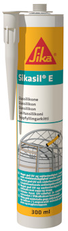 Fogmassa i en genomskinlig tub med etikett "Sikasil E".