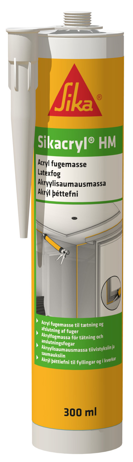 Patron med grå fogmassa, textskylt "Sikacryl HM" och varumärkeslogotyp.