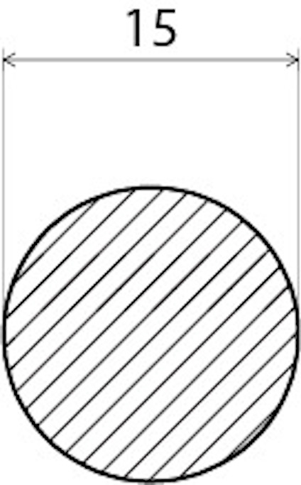 Ritning av en cirkel med diagonala linjer, diameter angiven som 15.