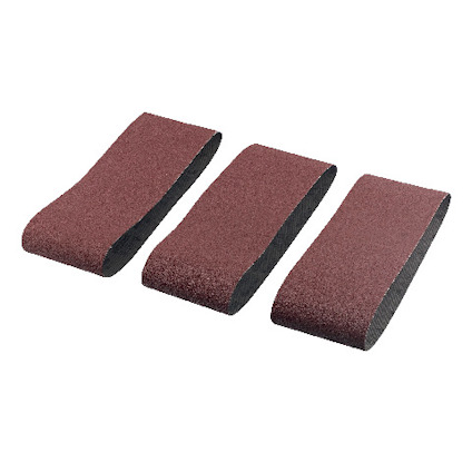 Tre slipband i brunt sandpapper, formade som kontinuerliga slingor.