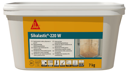 Vit behållare med Sika-logotyp och texten "Sikalastic-220 W". Visar ikoner för användningsområden och 7 kg i vikt.