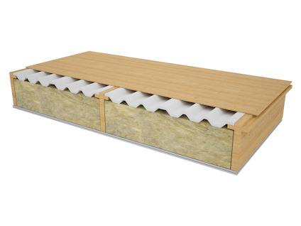 Träpaneler och isoleringsmaterial staplade i lager, med vit vågformad struktur mellan dem.