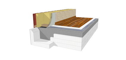 Tvärsnitt av golvkonstruktion med trägolv, isolering och flera lager av byggmaterial.