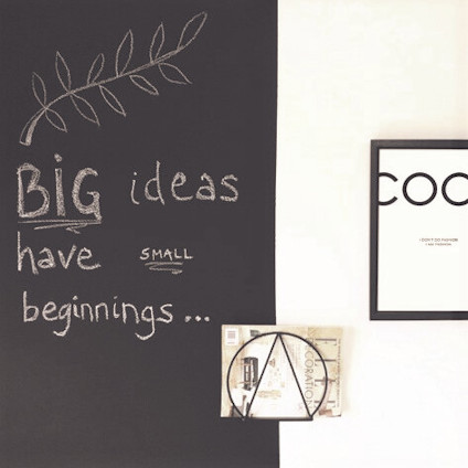 Svart tavla med texten: "BIG ideas have small beginnings...". En ram med bokstaven "C" på väggen.