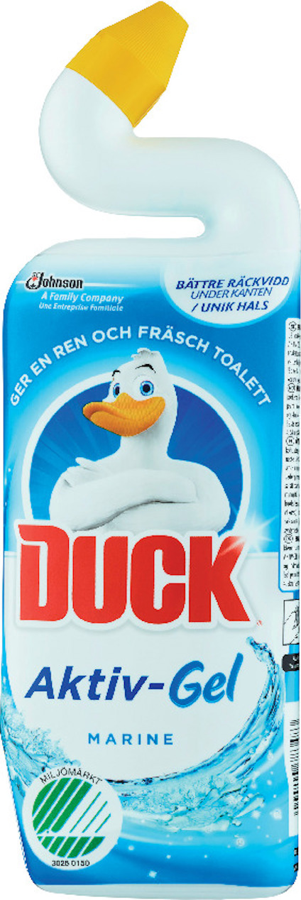 Toalettmedel i blå flaska med böjd gul kork, märkt "DUCK Aktiv-Gel Marine", med bild av en anka.
