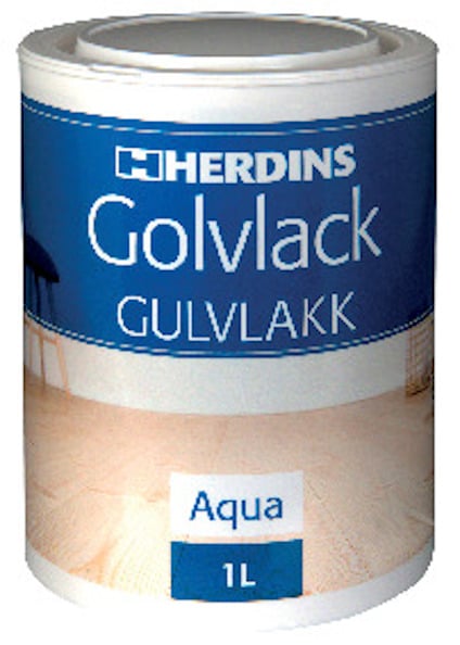 Burk med etikett: HERDINS Golvlack, Gulvlakk, Aqua, 1L.