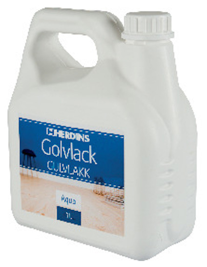 Vit plastbehållare med etikett "Herdins Golvlack Gulvlakk Aqua 3L" och skruvlock.