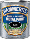 Färgburk med etiketten "Hammerite Direct to Galvanized Metal Paint, Black, 8 year protection".