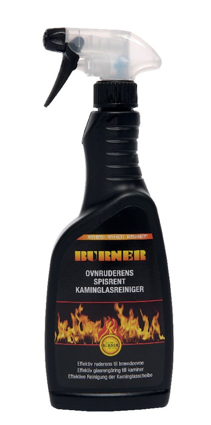 Sprayflaska med etikett som visar eldflammor och texten "Burner" och "Ovnrudrens Spisrent Kaminglasreniger".
