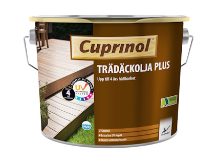 Burk med Cuprinol Trädäckolja Plus, utomhusolja, omslag med bild av trädäck och text "Upp till 4 års hållbarhet."