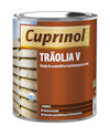 Burk med Cuprinol Träolja V för utomhusbruk. Etiketten visar text om vattenavvisande egenskaper och skydd mot sprickbildning.