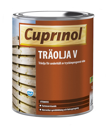 Burk med Cuprinol Träolja V för utomhusbruk. Etiketten visar text om vattenavvisande egenskaper och skydd mot sprickbildning.