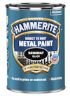 Blå Hammerite-färgbehållare med texten "Metal Paint, Semimat Black, Direct to Rust, No need to prime or undercoat, Quick-drying".