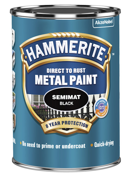 Blå Hammerite-färgbehållare med texten "Metal Paint, Semimat Black, Direct to Rust, No need to prime or undercoat, Quick-drying".