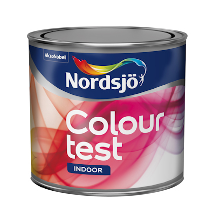 Färgburk märkt "Nordsjö Colour Test Indoor" med flerfärgat vågmönster på etiketten.