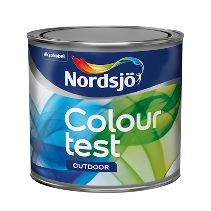 Färgprovburk från Nordsjö med etiketttext: "Colour test, Outdoor, AkzoNobel".