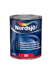 Färgkanna med Nordjsö-logga och text: "Väggfärg halvmatt 20" på olika språk.